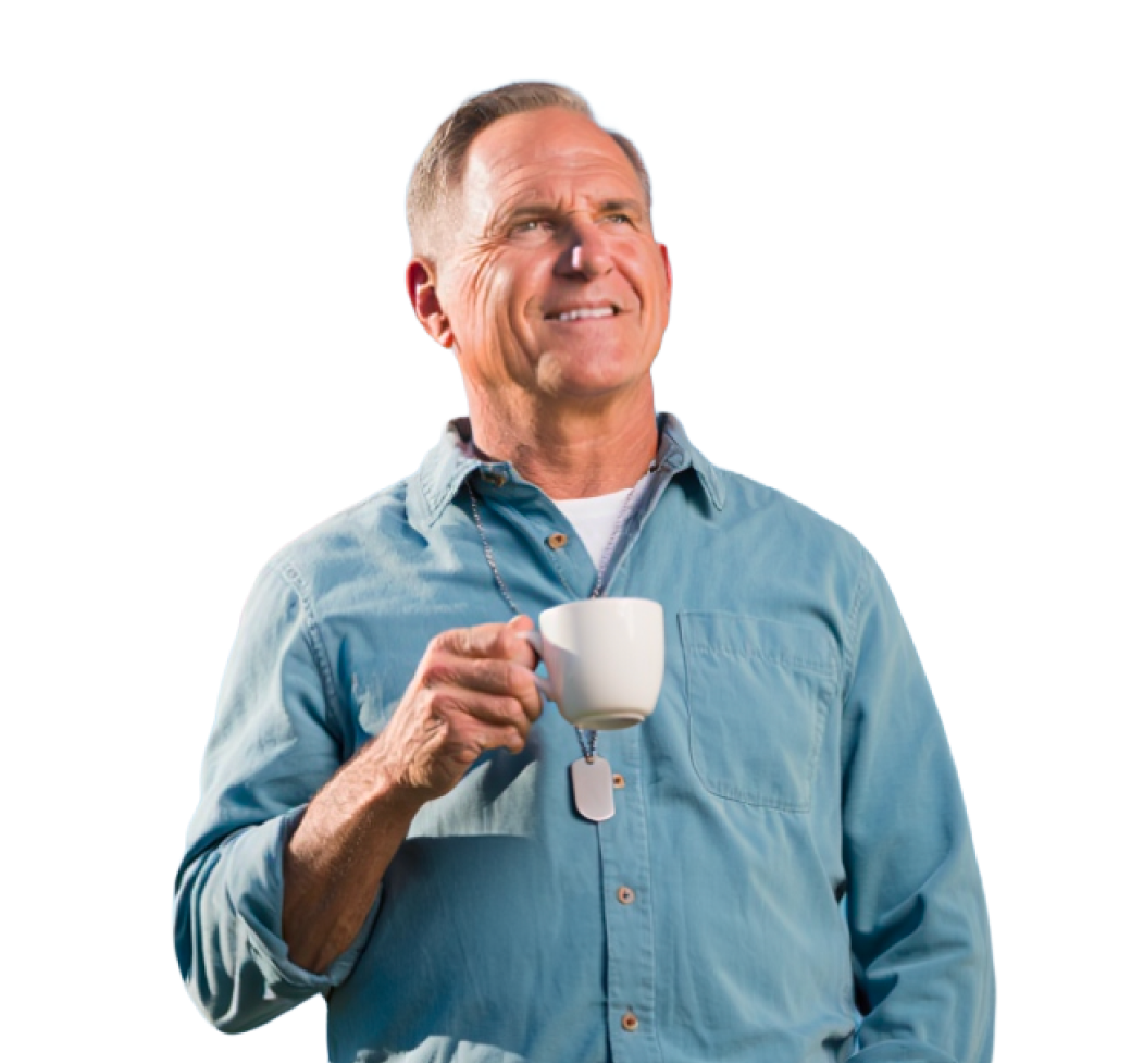 Man holding coffee with American flag in background